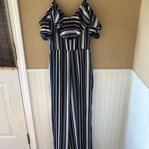Japan Size M navy/white stripe long romper